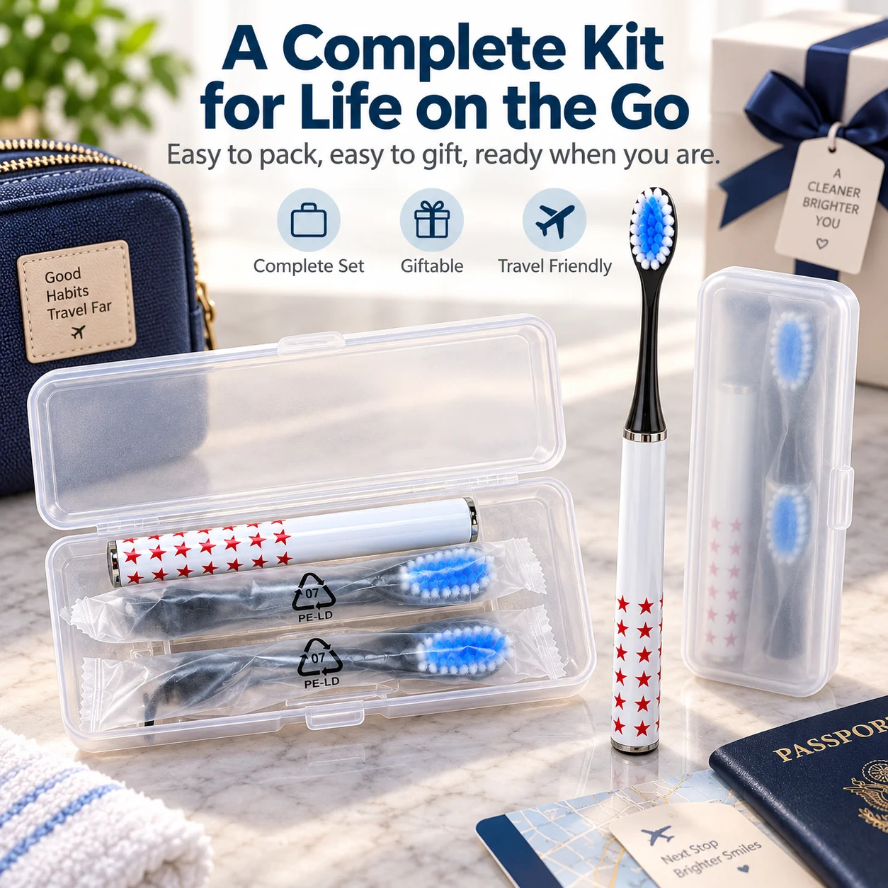 Portable Electric Toothbrush Travel Kit with 2 Individually Wrapped Brush Heads & Protective Case, Compact Oral Care Set for Travel, Work, Gym & Daily Use