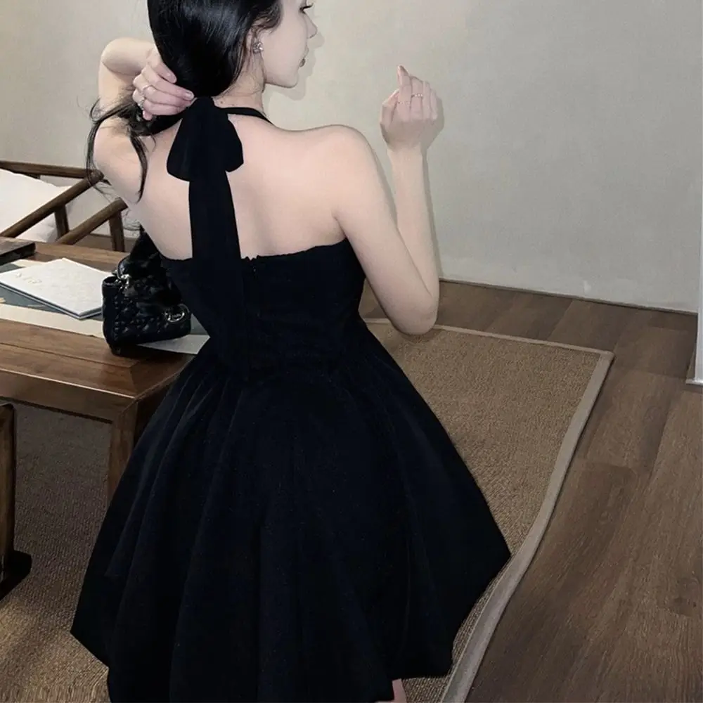 Hanging Neck Black Halter Dress Mini Dress Women's Clothing Waist Cinched Skirt Solid Color Fashion Design A-line Skirt Women