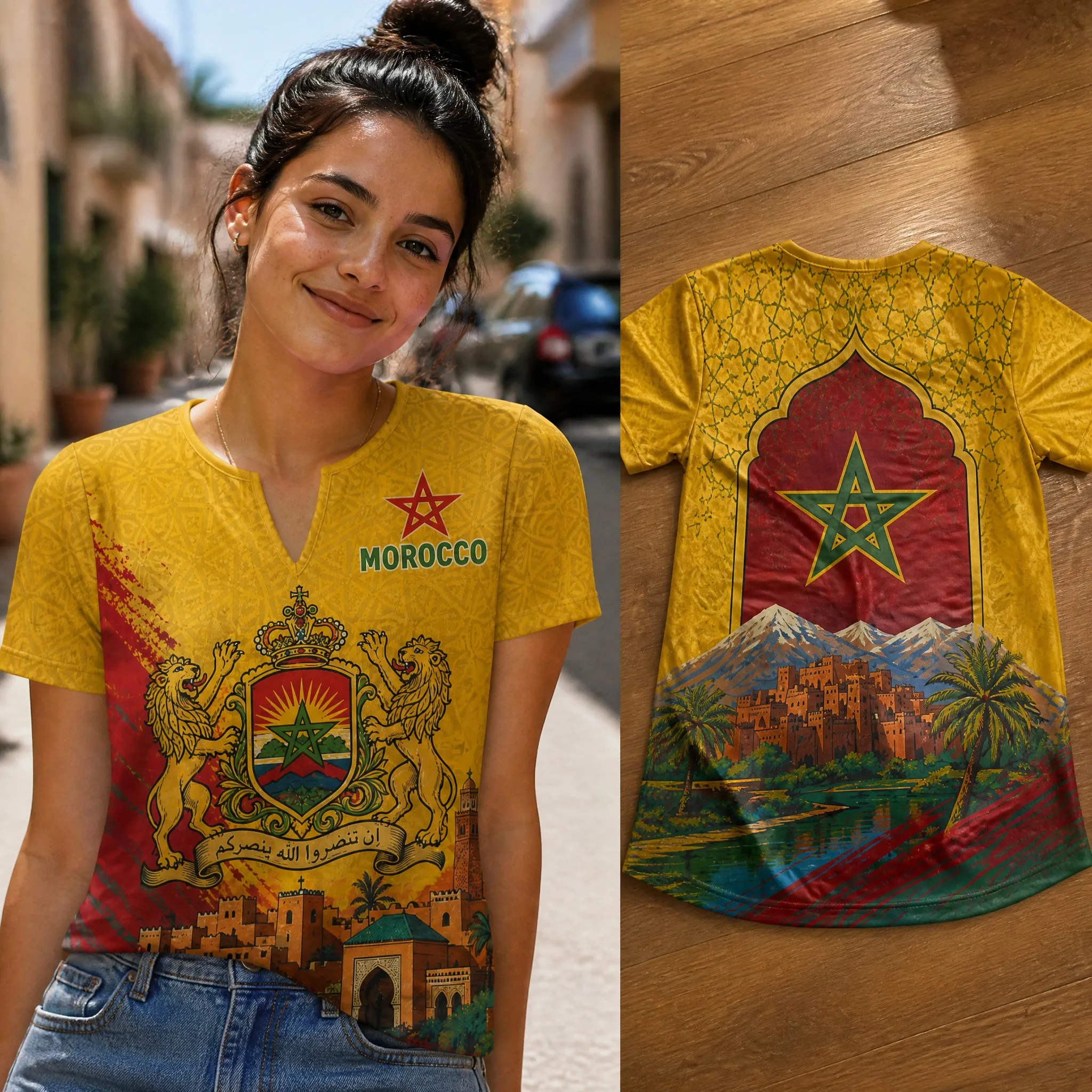 Womens V Neck Short Sleeve Morocco T Shirt Red Diagonal Letter Star Print Casual Summer Graphic Tee Easy Daily Wear Travel Style