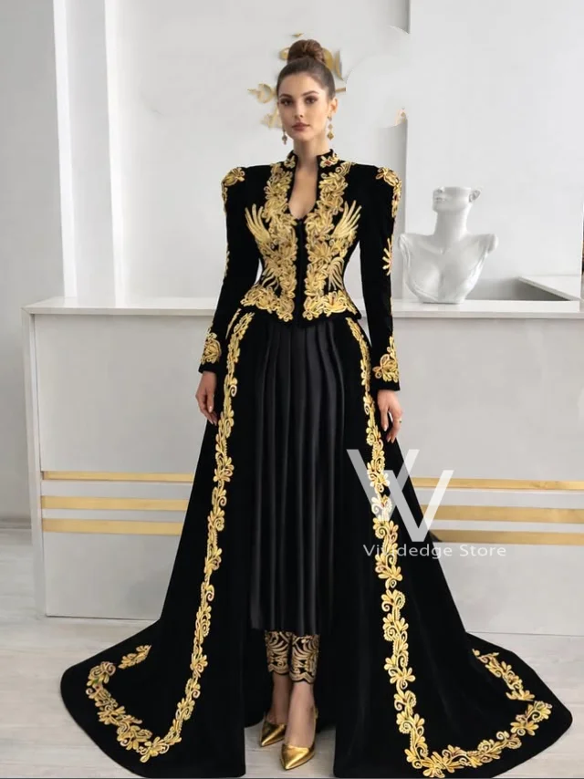 Schwarzes Elegantes Abendkleid Albanisches Kaftan-Set Langärmeliges Samt-Kakula Geburtstagskleid für Damen Ballkleider Maßanfertigung
