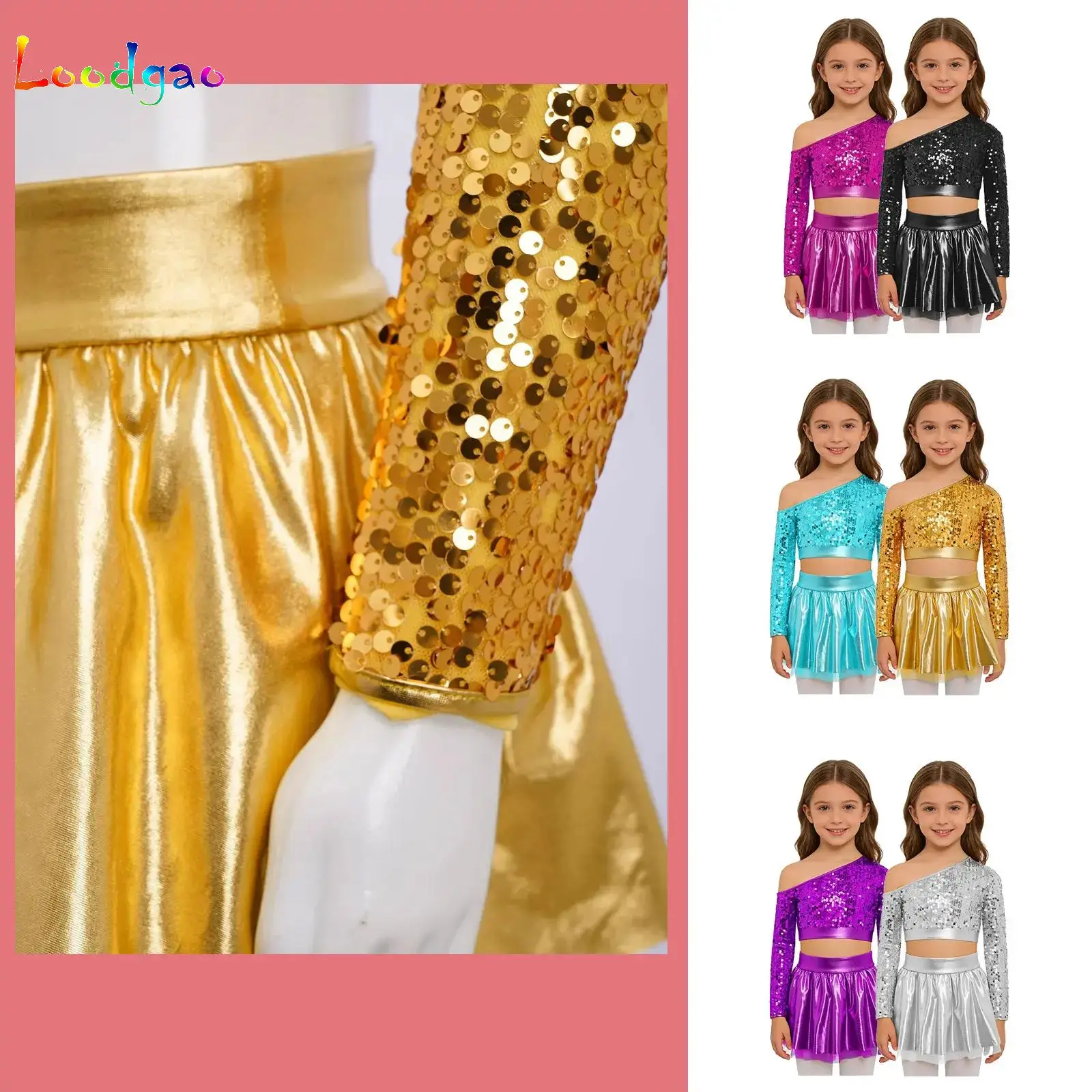 

Kids Girls Shiny Party Suit Hip Hop Jazz Street Dance Outfit Long Sleeve Sequins Crop Top with Tutu Skirt for Stage Performance