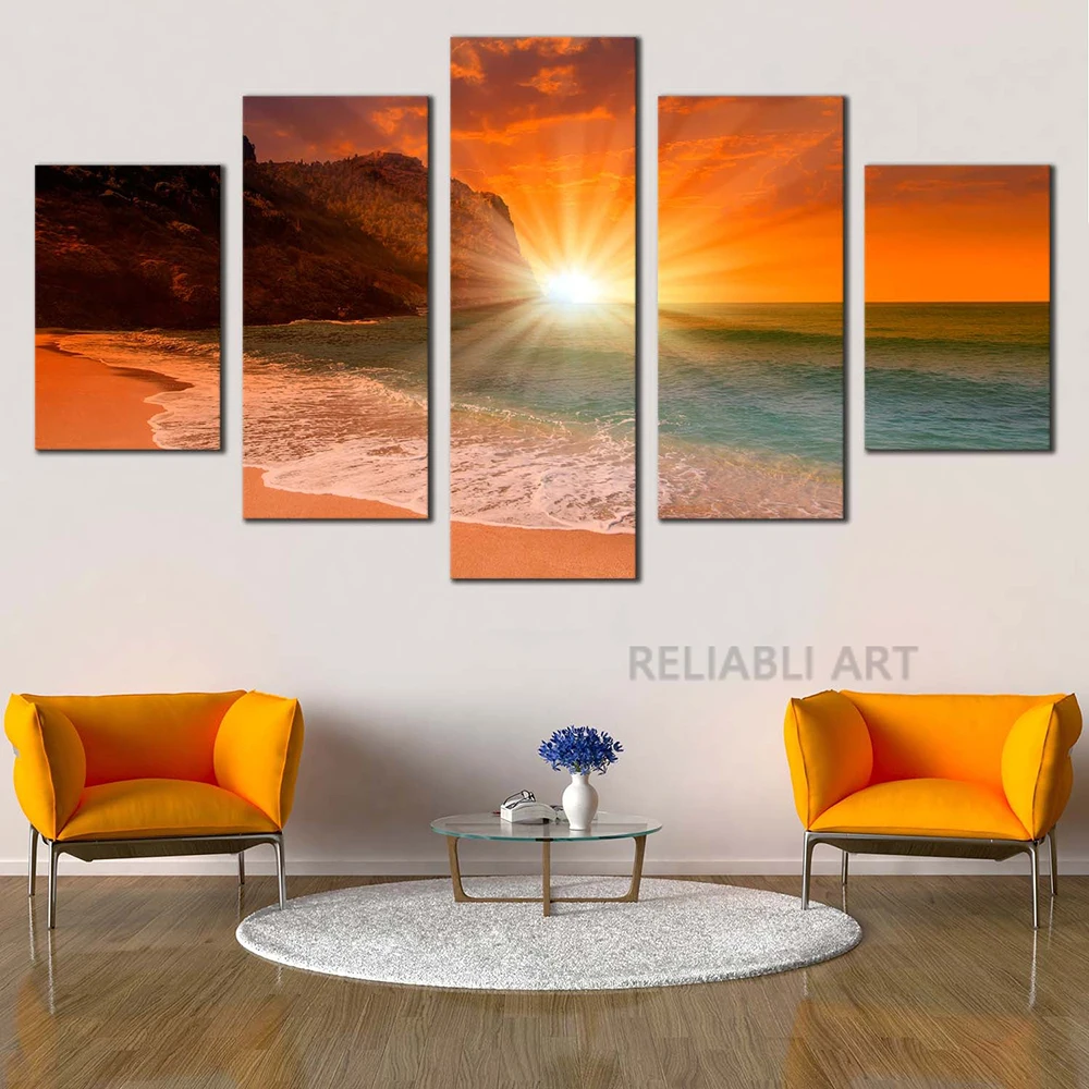 5pcs Cleopatra Ocean Canvas Painting Wall Art Orange Sky Ocean Beach Multi Turkey Sand Beach Sunrise Wall Decor No Frame