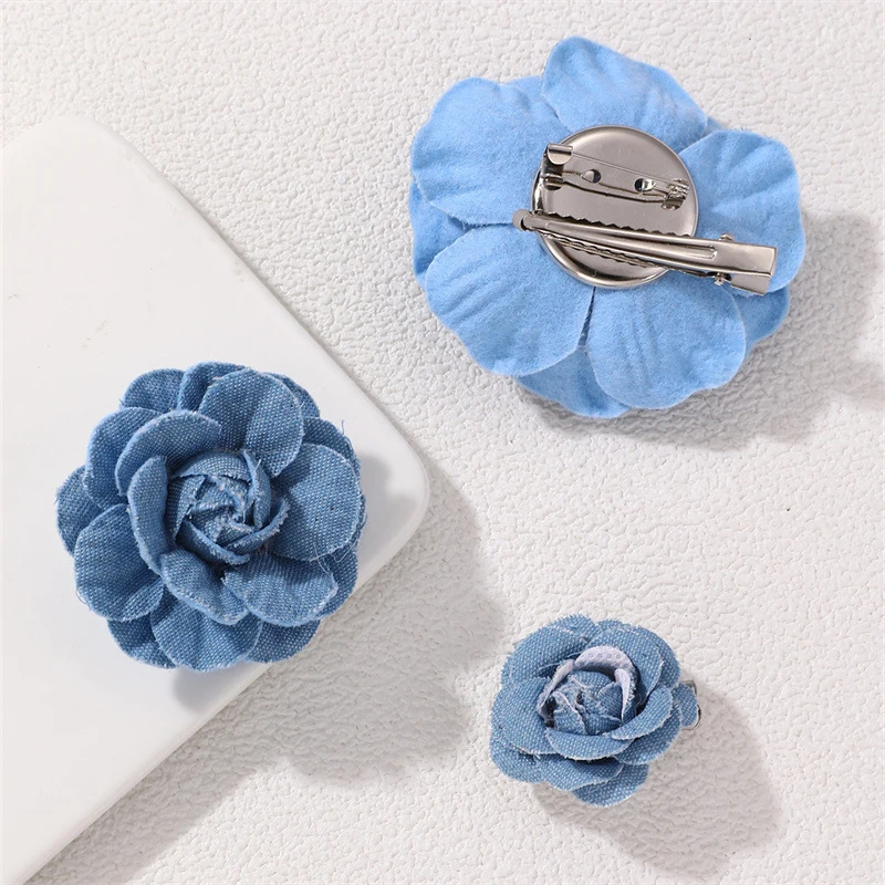 New Blue Fabric Camellia Flower Brooches For Women Handmade Cloth Art Lapel Pins Corsage Fashion Jewelry Badge Accessories