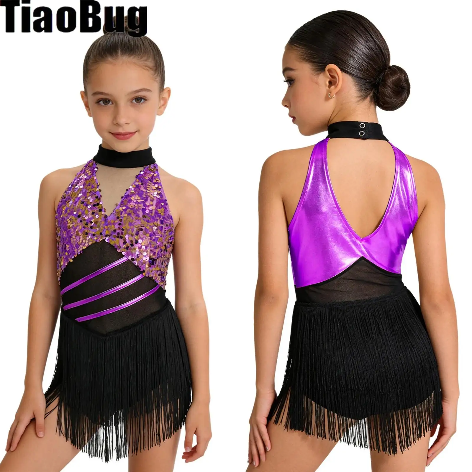

Kids Girls Metallic Cha-cha Salsa Latin Dance Dress Shiny Sequins Halter Sleeveless Mesh Waist Keyhole Back Tassels Leotard
