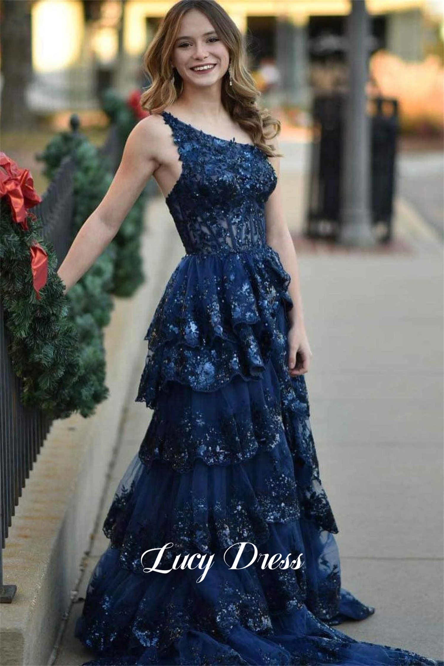 Graduation Gown Sparkly Lace Layered Ball Navy Blue Special Occasion Dresses for Formal Occasions Wedding Dress Customized Prom