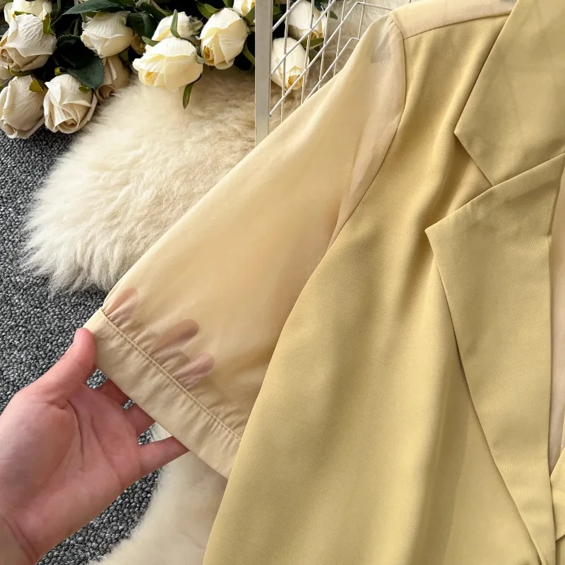 Casual Suit Women Commuter Light Mature Style Mesh Stitching Short-Sleeved Suit Tops High Waist Wide-Leg Trousers Women 2-piece