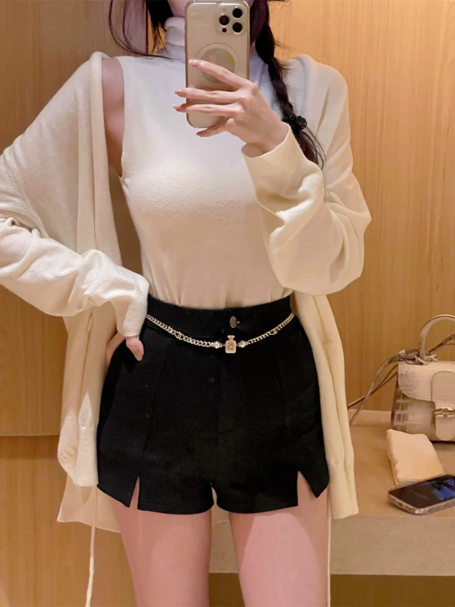 

Сексуальные женские корейские шорты с высокой талией, с разрезами спереди и сзади, повседневные, облегающие, базовый слой, цвет винный/снежный