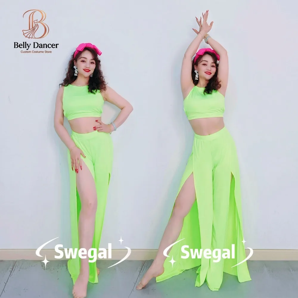 Customized Belly Dancewear Fluorescent Green Set Milk Silk Strap Tank Top with Cross Wide Leg Pants Can Insert Pads Beginners