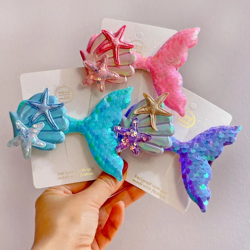 Colorful Mermaid Sequins Hair Clips Sparking Seashell Starfish Fishtail Hairpin Birthday Paty Hairpin Ocean Girls Accessories