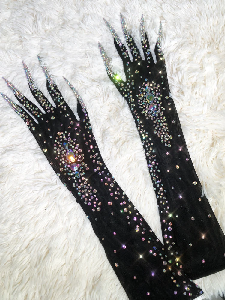 Guantes de malla de cristal brillante para baile de graduación, ropa de noche lujosa, guantes de rendimiento para escenario, Sexy