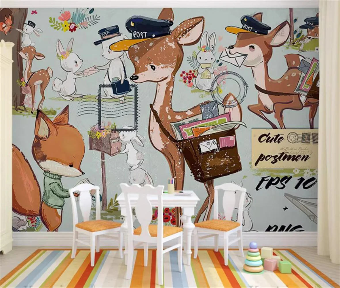 Deer cartoon wallpaper for children's room background wall boy fox wallpaper for bedroom cute custom mural