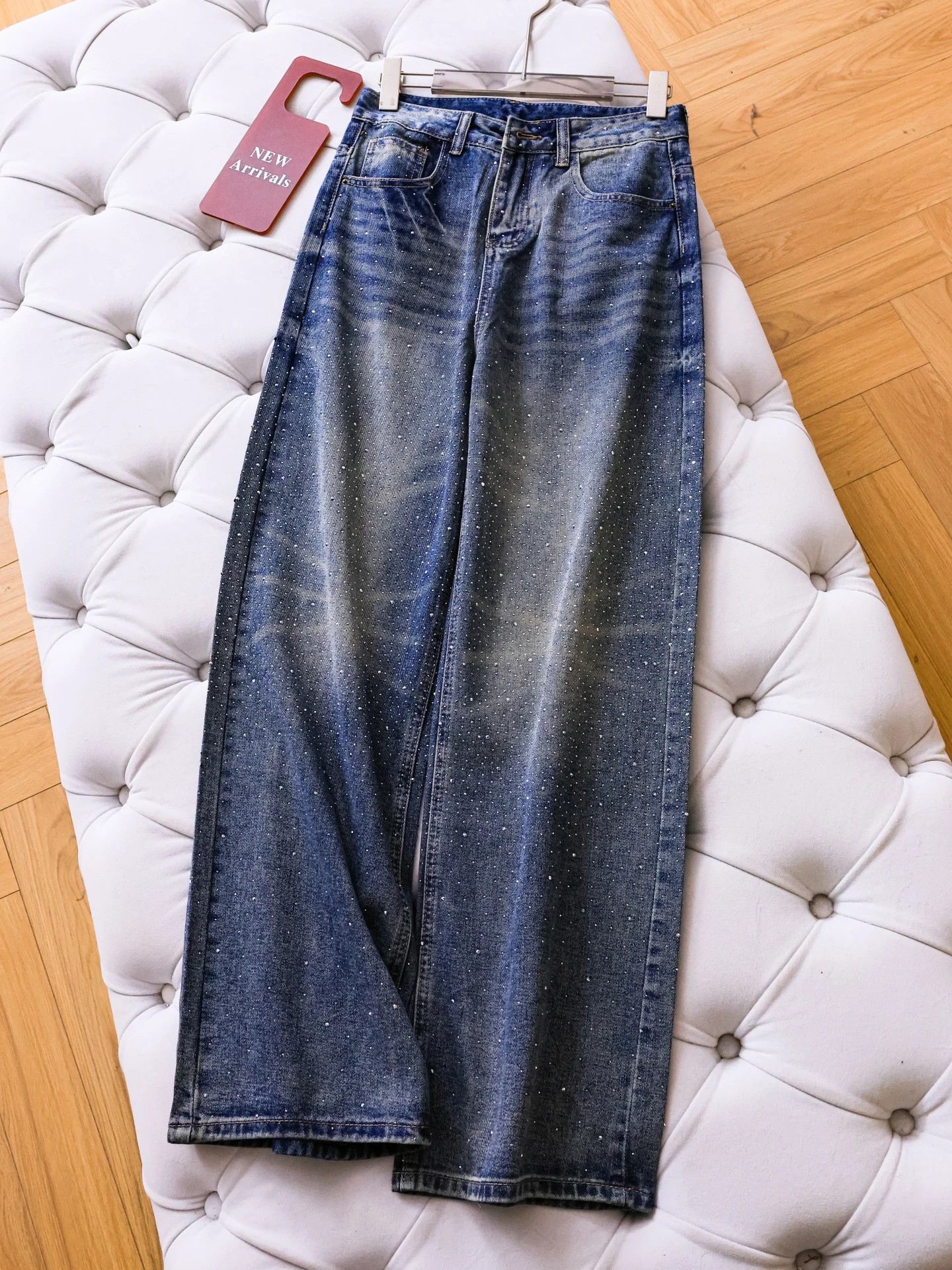 

High Waist Draped Floor-Length Wide Leg Jeans Women's Flashing Star Embellished Loose Fit Straight Cut Denim Pants