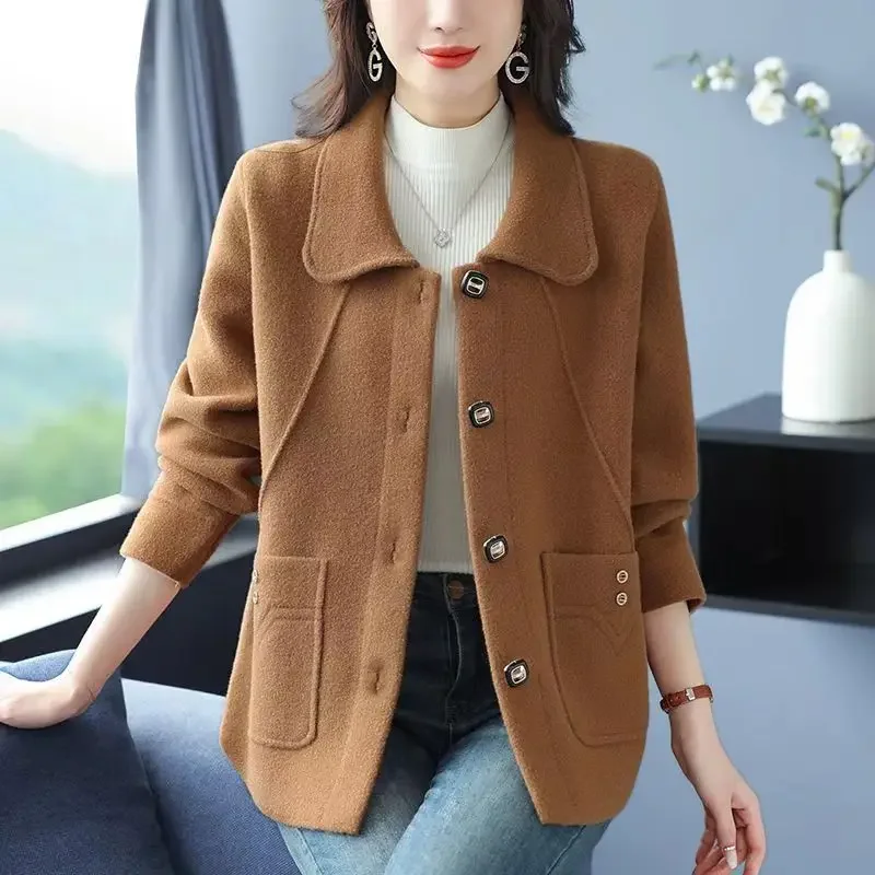 Mink Velvet Knit Wool Coat for Women, 2024 New Quality Warm Jacket Cardigan Double-faced Wool Overcoat Female Office Lady Top