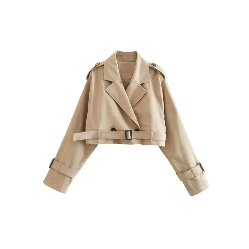 

Women's Cropped Belted Gabardine, Spring Jacket, Vintage Street Clothing, Long Sleeve Top with Double Button, Women's Coat Suits