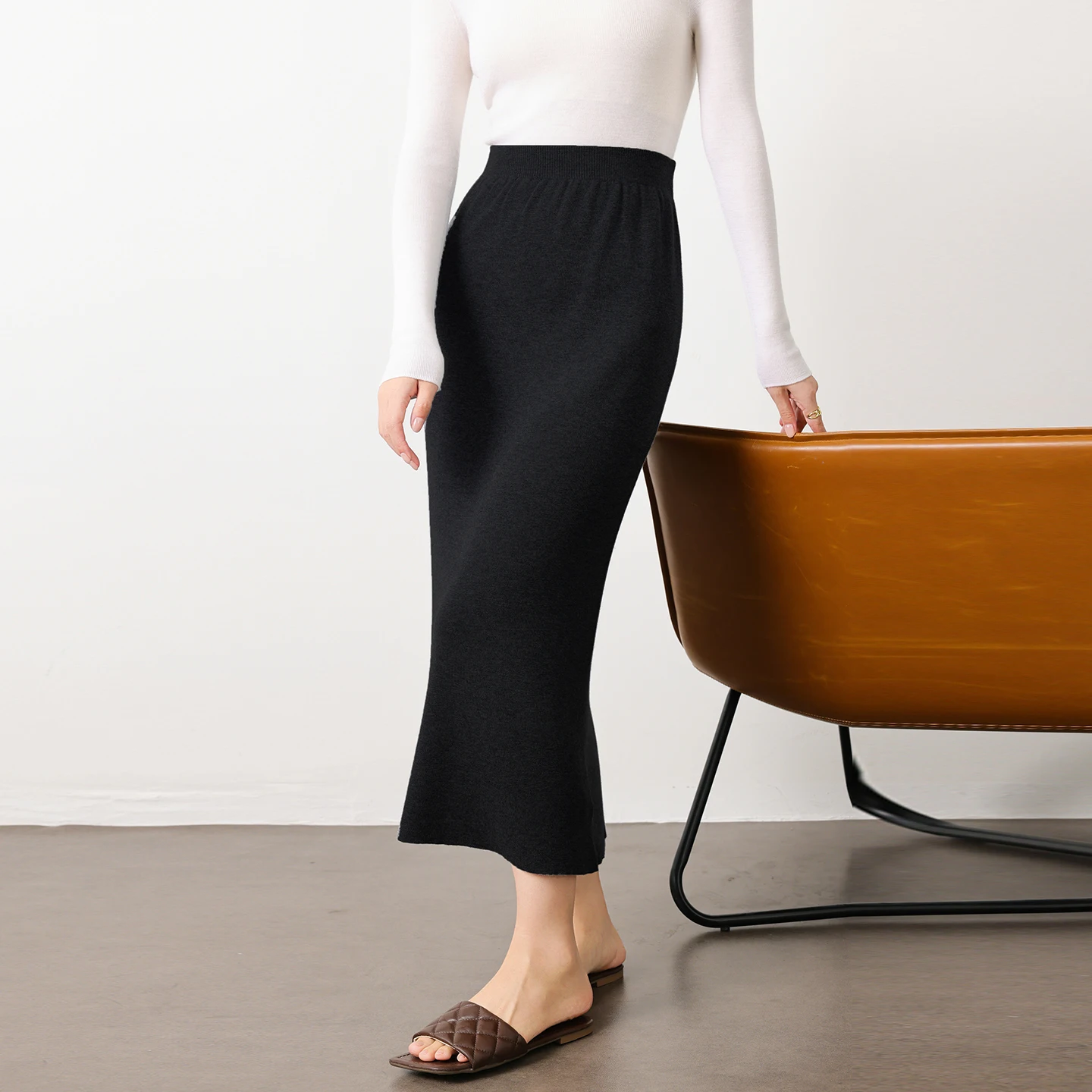 Classic Women's Knit Midi Skirt Comfortable 100% Merino Wool Knitwear Autumn Winter Split Popular Bottoms Elastic Waist Knitwear