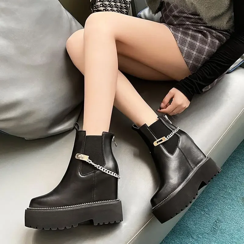 Fujin 12cm New Genuine Leather Women Microfiber Wedge Warm Winter Ankle Knee High Boots Platform Plush Autumn Hidden Heel Shoes