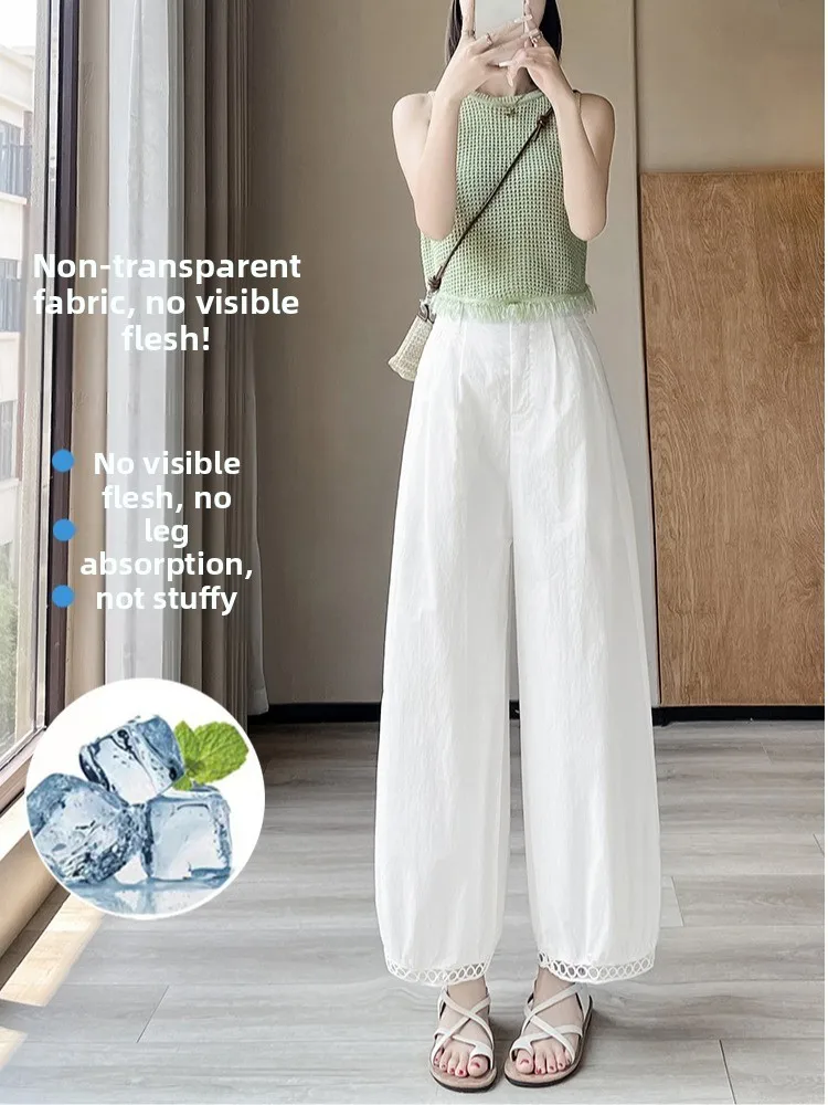 Gray Ice Silk Cotton Linen Wide Leg Pants Women Summer Small Size Loose Slimming Drape Sun Protection Nine Points Harlan Lant...