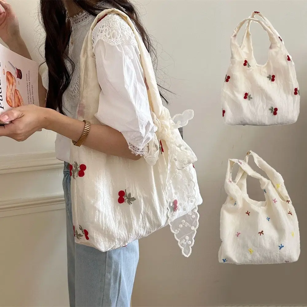 

Casual Embroidered Bow Tote Bag Chiffon Korean Style Cherry Shoulder Bag Solid Color Large Capacity Canvas Underarm Bag Women