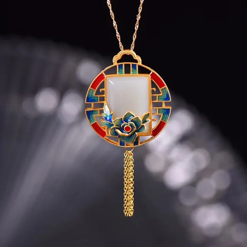 

Natural Hotan White Jade Square tassels Necklace Fresh Enamel Lotus Vintage ethnic style Pendant Wedding Jewelry for Women