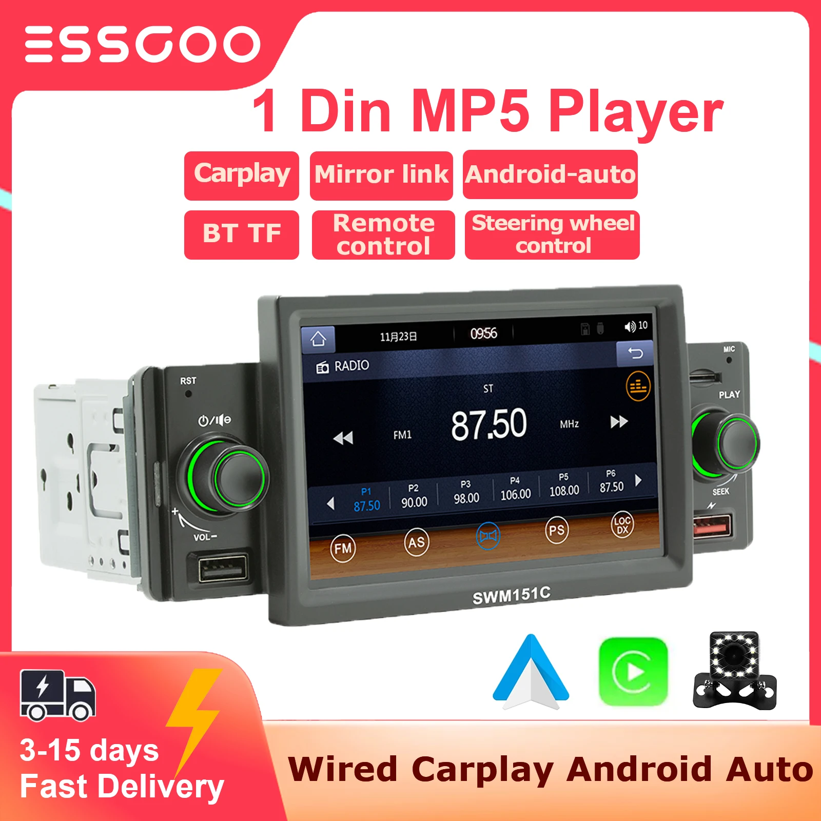 

ESSGOO 1Din MP5 Player Car Radio Carplay Android Auto Autoradio Stereo 5 Inch Touch Screen Bluetooth Universal Multimedia Player