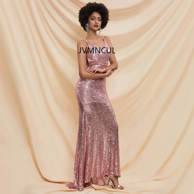 2025 Vestido de noche sin espalda de nuevo estilo con lazo y lentejuelas brillantes, vestido de noche sin mangas con cola halter para mujer en stock