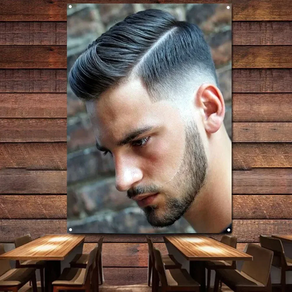 Side Part Hairstyle for Men Banner Hanging Flag Hairstyling Posters Digital Printing Barber Shop Wall Art Tapestry Indoor Decor