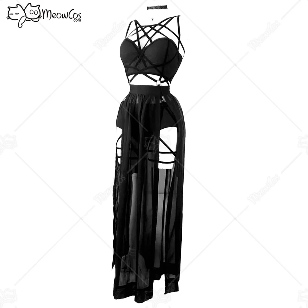 

MEOWCOS Women Gothic Style Three Piece Bandage Suit Black Sexy Top and Mesh Split Skirt with Underwear