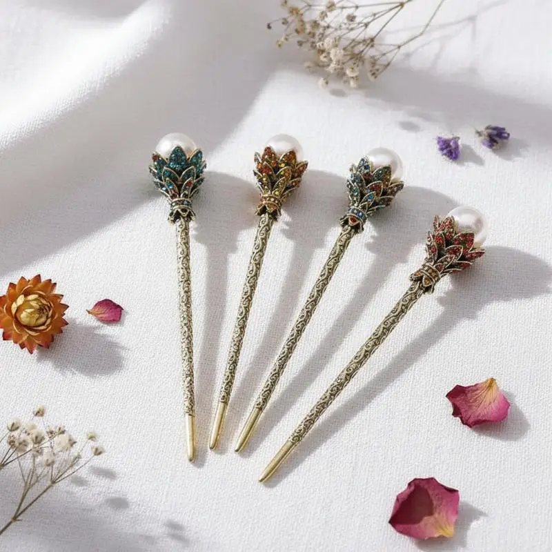 Antiker Goldener Geschnitzter Haarstab mit Kunstperlen und Bunten Strasssteinen für Hanfu, Hochzeiten, Partys und Tägliche Haardekoration – Detail 6