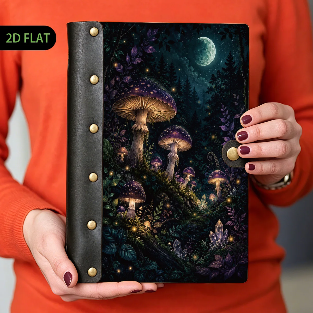 1pc Enchanted Forest Mushroom Wood Leather Binder Notebook, 2D Flat Hard Shell, Metal Rivets, Refillable Loose Leaf, Premium Eye