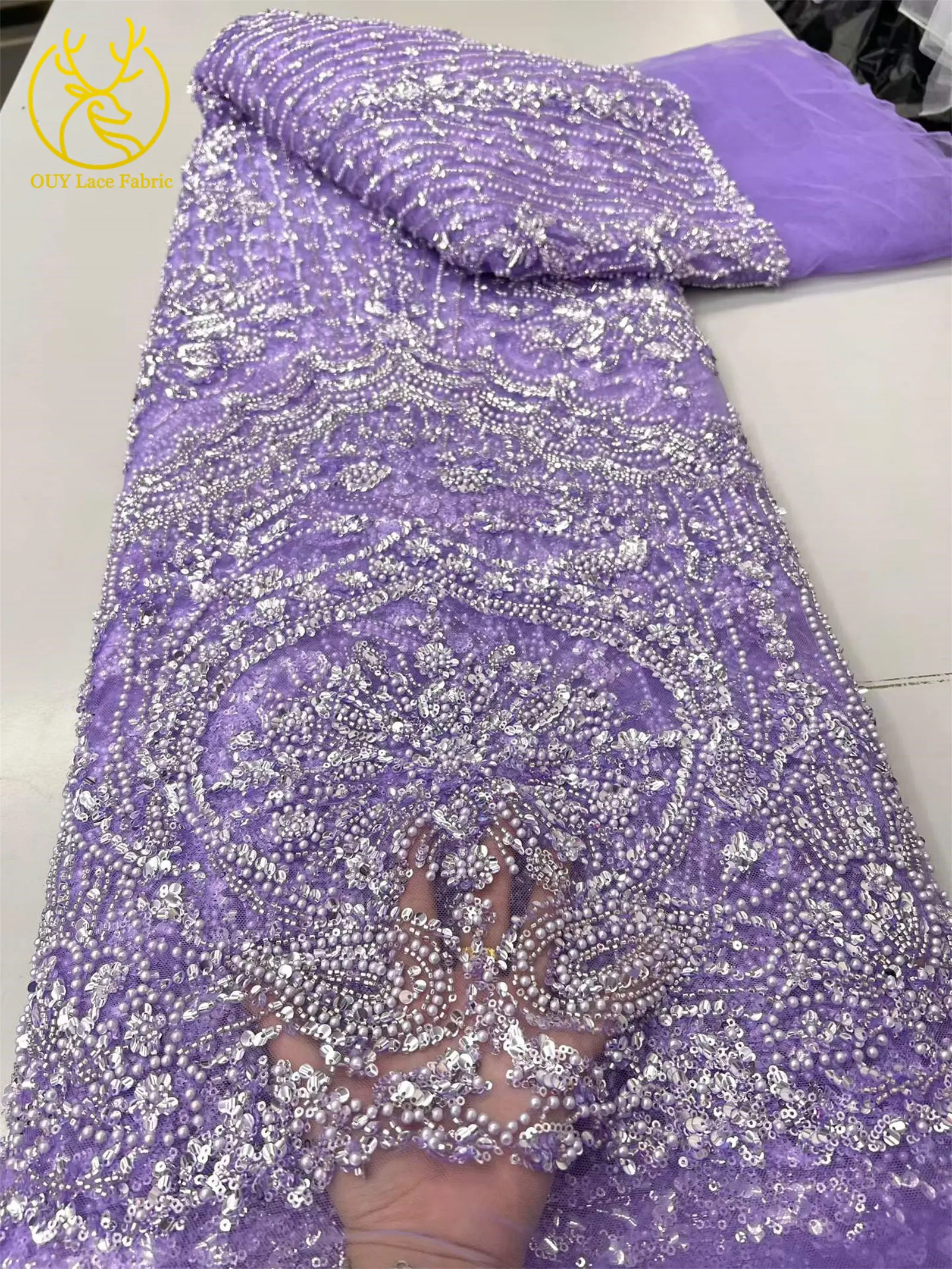 Blaues Neues Afrikanisches Bräutigam-Spitzenstoff-Design mit Perlen und Stickerei, 5 Meter Hochwertiger Nigerianischer Pailletten-Spitzenstoff für Hochzeitskleider – Detail 9