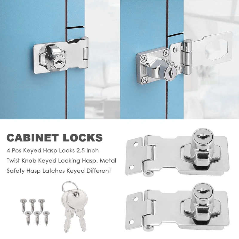 AB47-4 Pcs Keyed Hasp Locks 2.5 Inch Twist Knob Keyed Locking Hasp, Metal Safety Hasp Latches Keyed Different