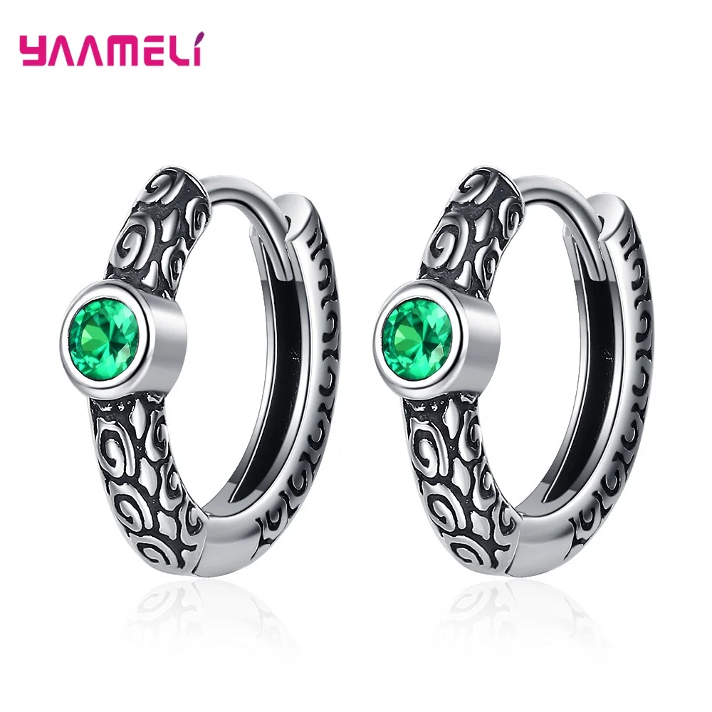 Retro Vintage 925 Sterling Silver Jewelry Green Cubic Zircon with Carving Parttern Ear Decoration Women Hoop Earrings