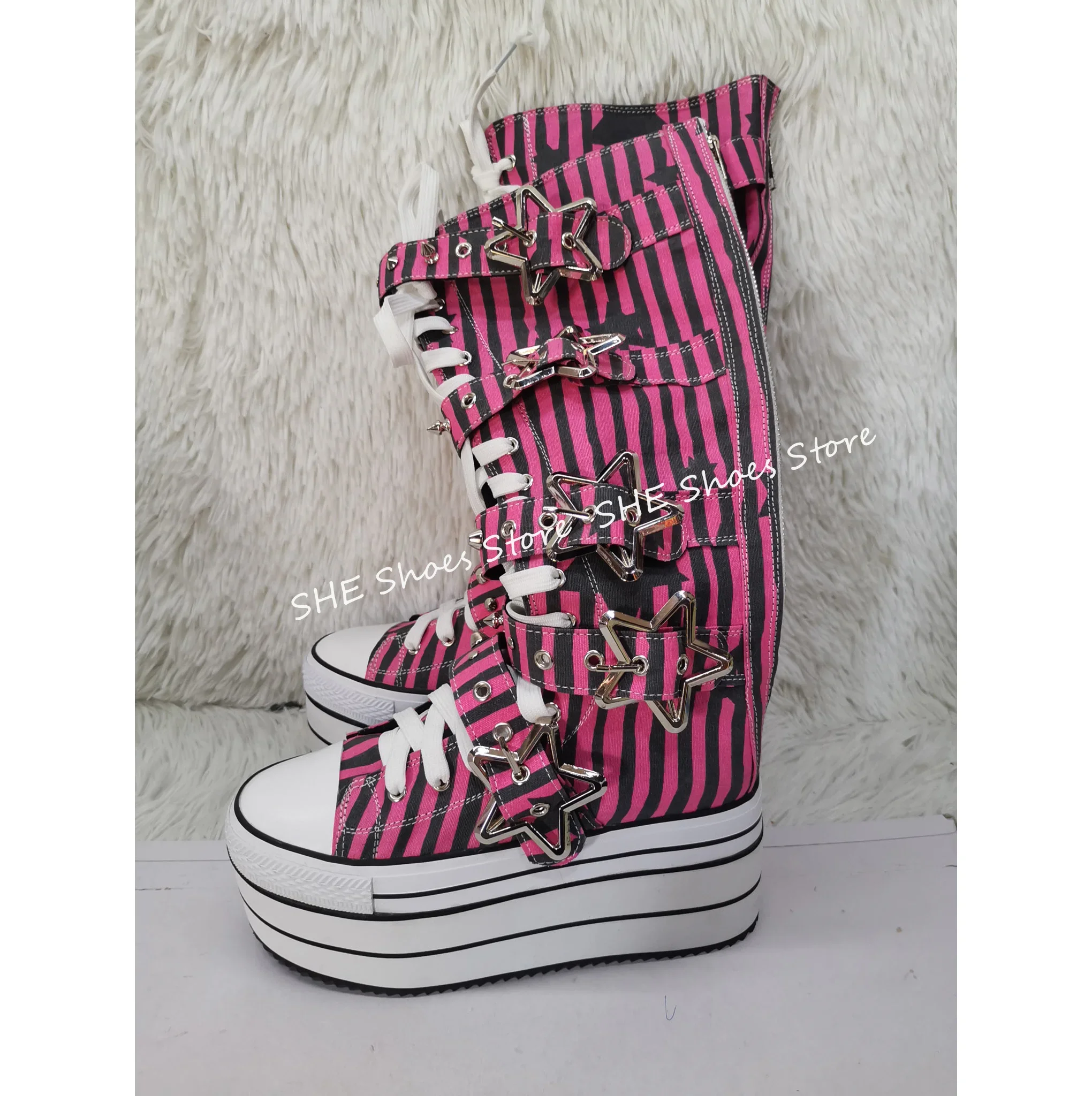 

Fashion Mixed Color Striped Prints Women Boots Y2K Star Buckle Chunky Bottom Lace-Up Canvas Boots Lolity Girl Party Dress Shoes