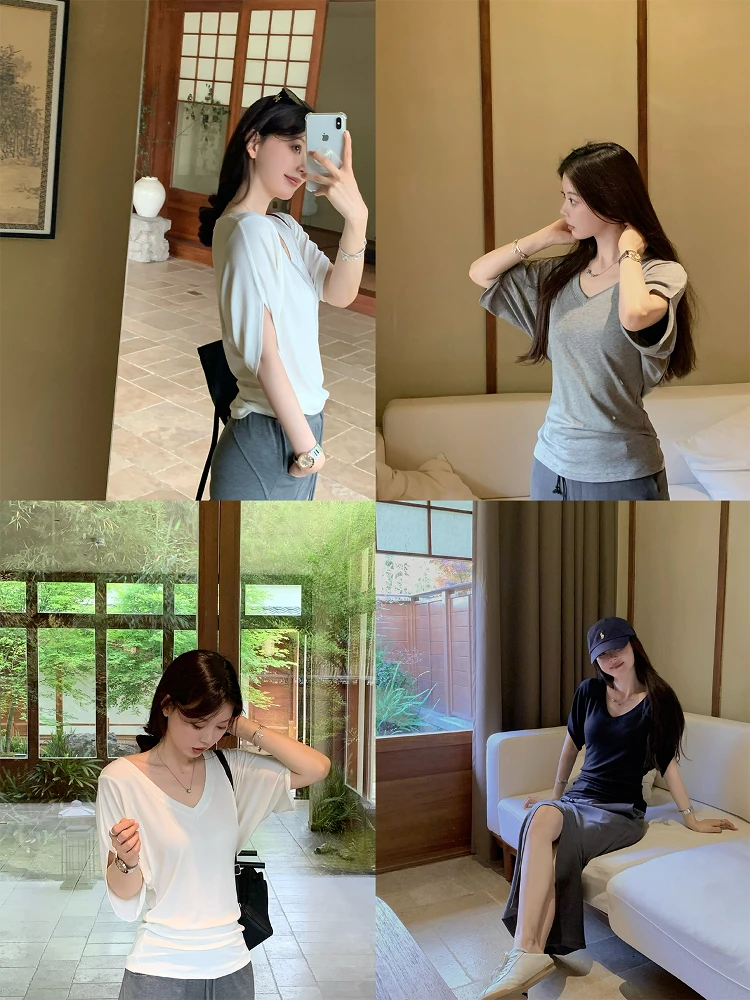 

Свободная блузка Seeyouiceland, шелковая шерстяная футболка с высокой талией, повседневная футболка средней длины с V-образным вырезом, однотонная футболка