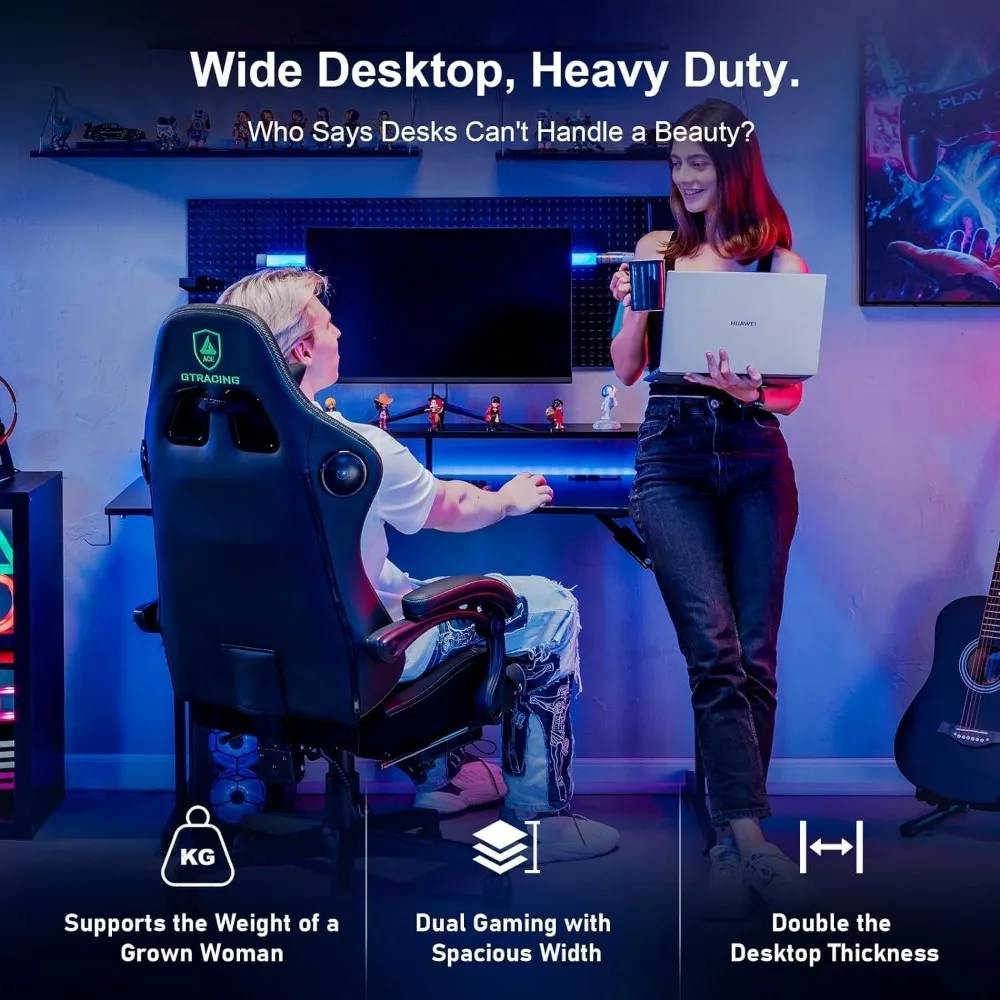 Gaming Desk with LED Lights, Computer Gamer Desk with Monitor Stand, Ergonomic Carbon Fiber Surface Gaming Tabl