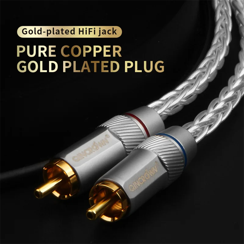 QINCROWN Pair HiFi Audio Single Crystal Silver Cable RCA Signal Cable  Pure Silver CD Player Amplifier Connecting wires