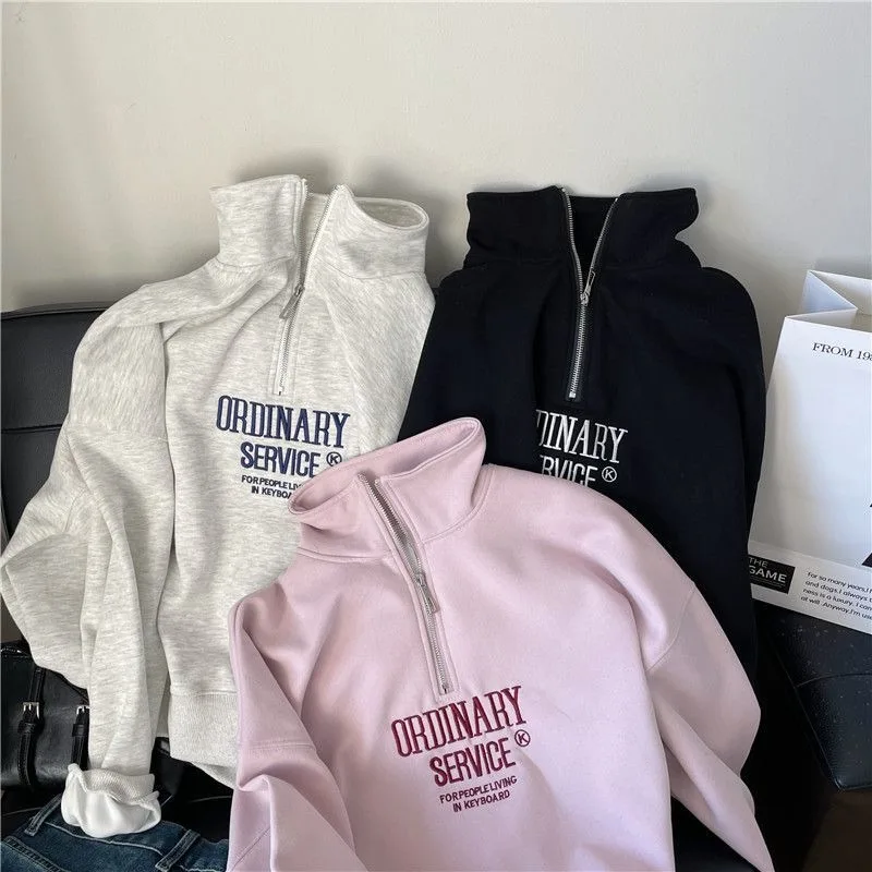 Retro Stand Up Collar Sweatshirt Jacket for Autumn Small Casual Retro Loose and Comfortable Simple Sports Zipper Cardigan Top