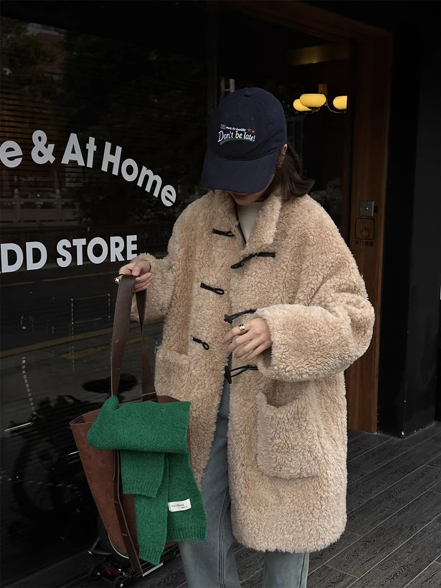 

Soft Full Wool eepskin Coat Buttoned oulder Lamb Fur Jaet Women's Mid-Length Stand Collar Winter Outerwear Coat