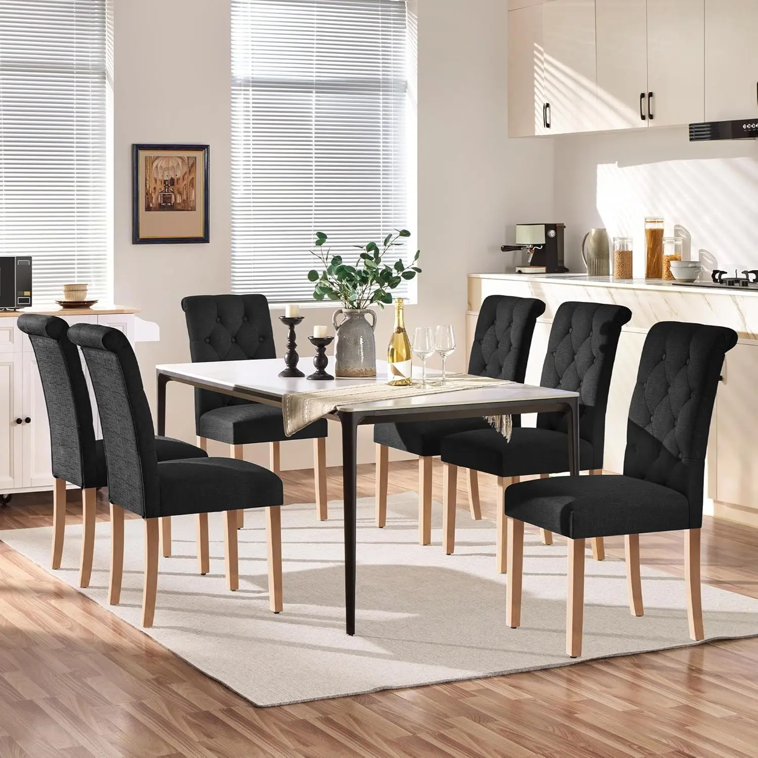 Tufted Dining Chairs Set of 6 Parsons Kitchen Chairs Stylish Dining Room Chair Upholstered Fabric Chairs with Solid Wood Legs an