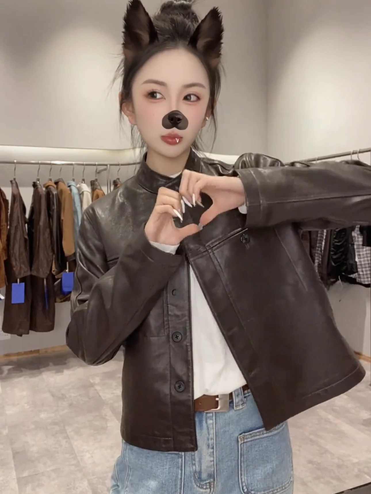 

Early Spring 2025 New Style Tannery Leather Jacket Women's Short Stand Collar Fashionable Coat Autumn Outerwear Long Sleeve