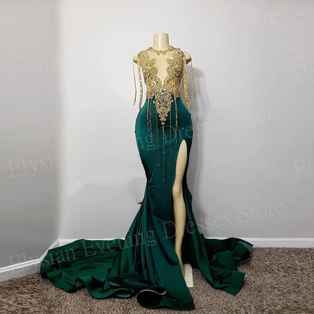 Vestido De noche De sirena para mujer, traje verde oscuro con apliques De borlas, cuentas, abertura lateral, 2024