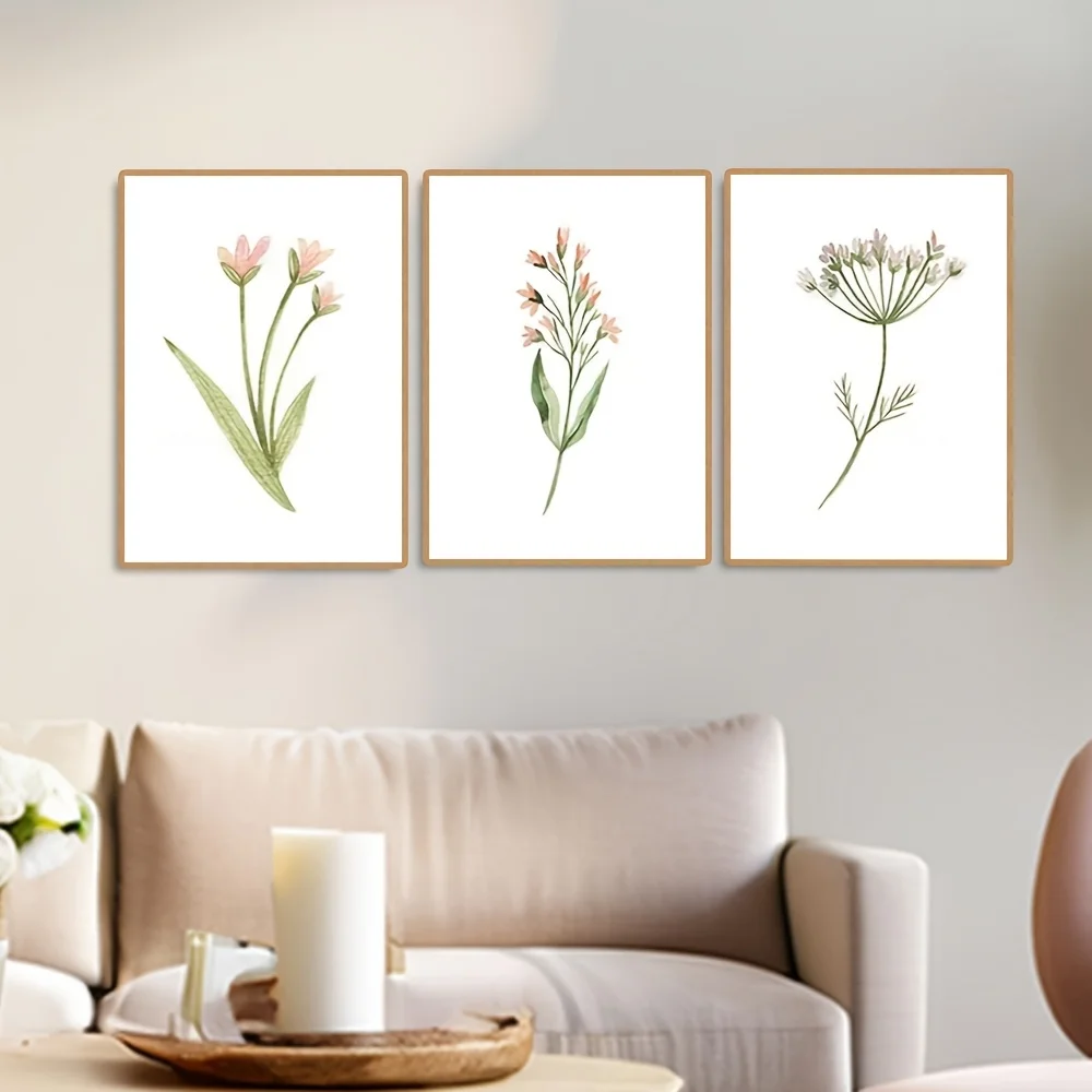 2D Flat, 2D Flat 3pcs Unframed WBYZAC Canvas Picture Set of Abstract GreenPink Watercolour Wildflowers Wall Picture Modern Po