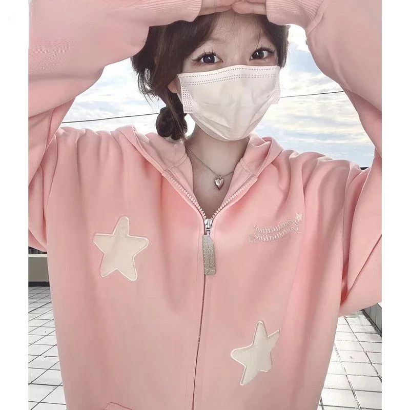 Y2k Korean Women Japanese Pink Star Wings Girl Zip Up Hoodie Kawaii Hooded Cute Sweet Sweatshirts Jacket Oversized Clothes