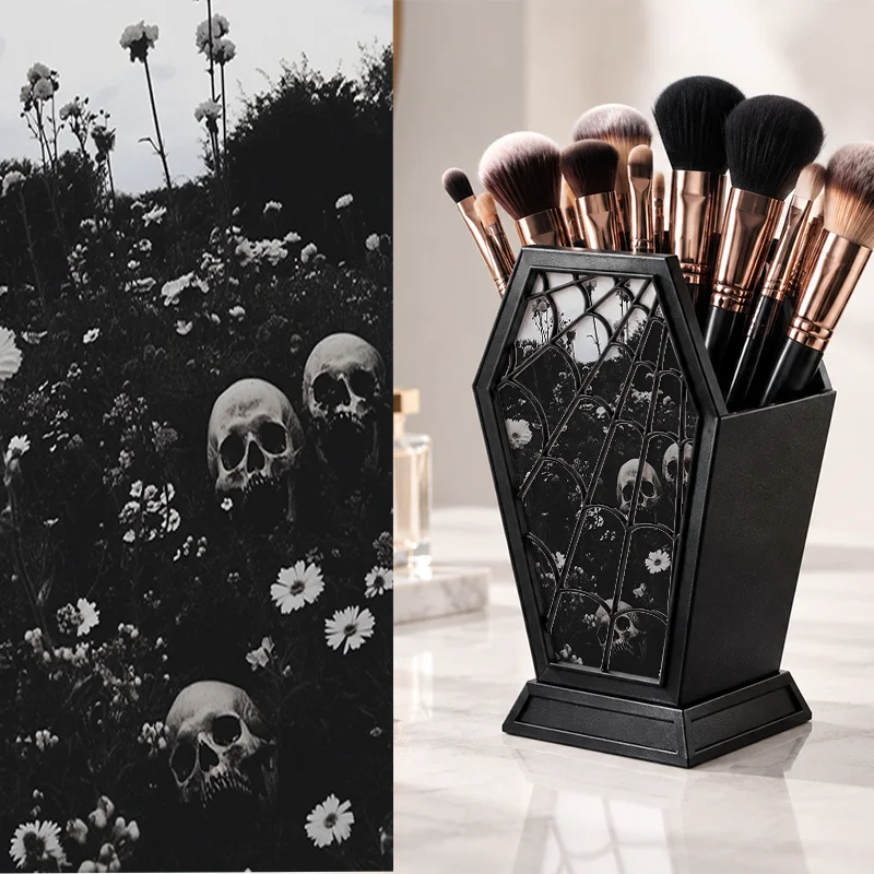 Gothic Coffin Shape Pen Holder Black White Floral Skull Print Desktop Makeup Brush Storage Organizer Halloween Vanity Table Deco