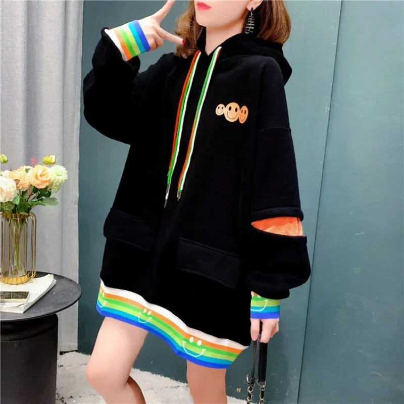 Women's Hooded Patchwork Drawstring Hoodies 2023 Autumn and Winter New Loose Fashion Korean Printed Long Sleeve Pullover Tops