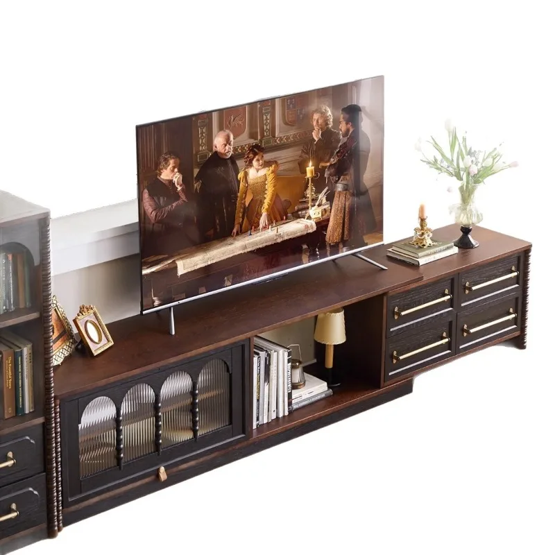 French solid wood TV cabinet, household living room storage retractable locker, retro cabinet