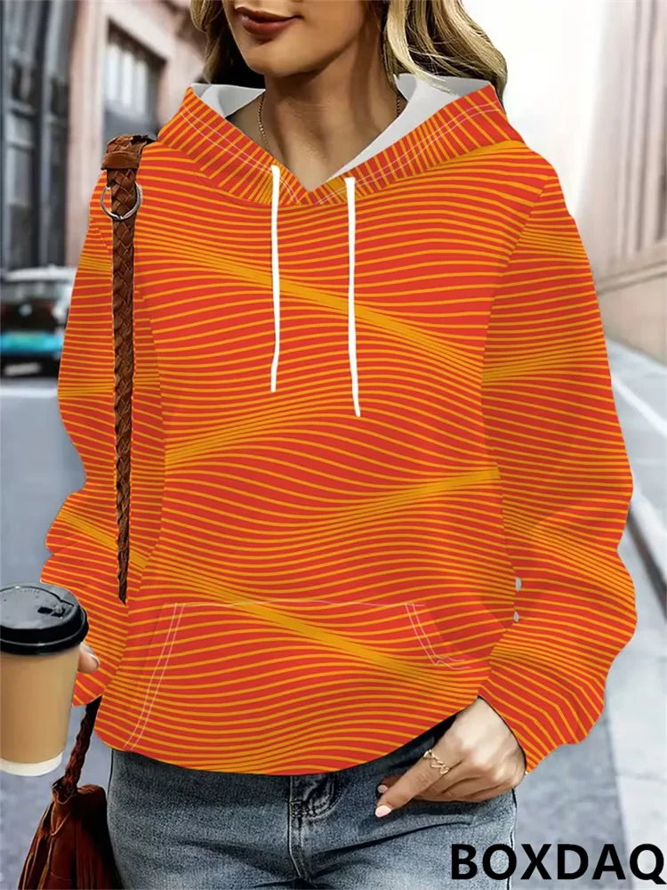 2026 New Women's Drawstring Hoodie Casual Abstract Striped Printed Sweatshirt Long Sleeved Loose Autumn Women's Clothing Autumn