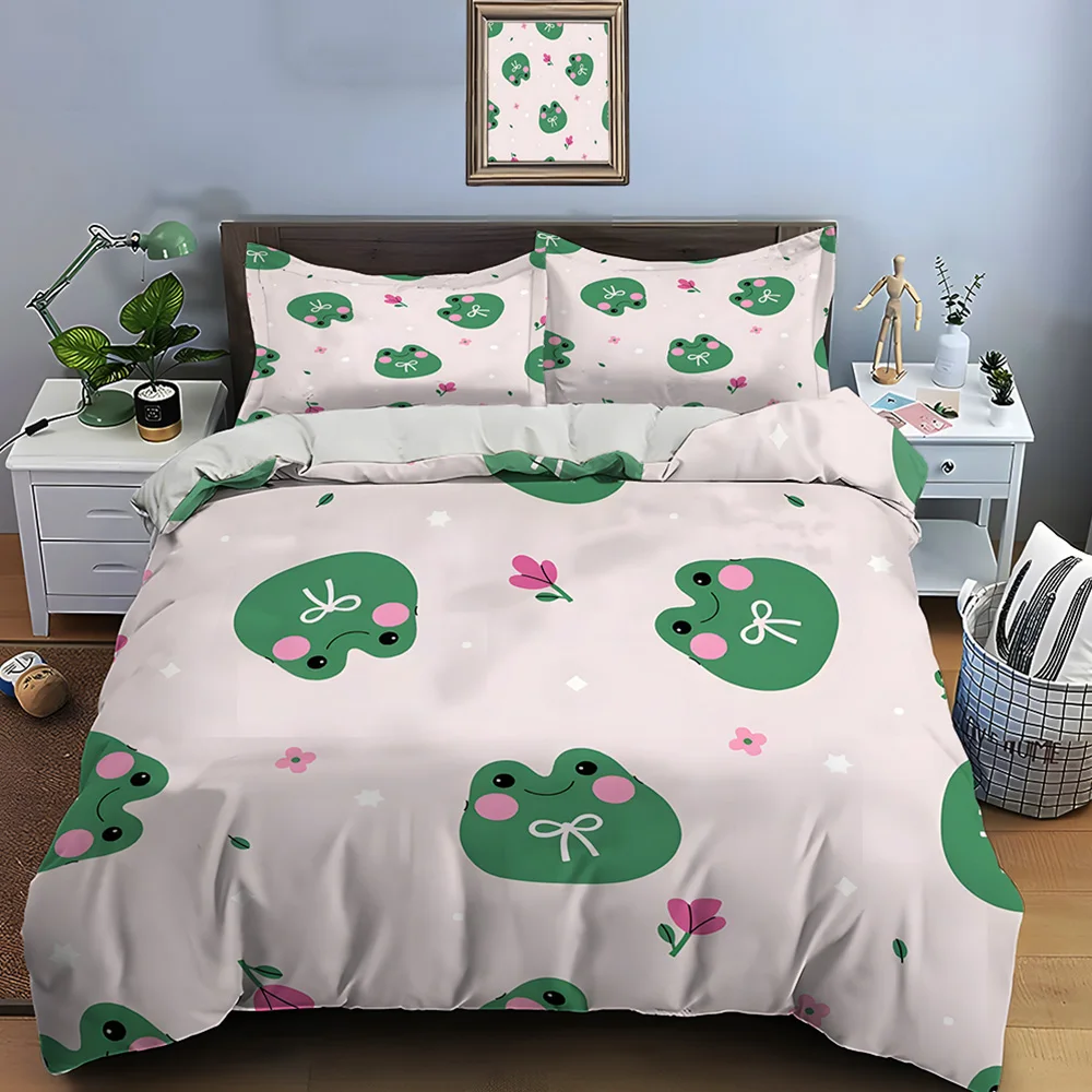 Green frogs and pink floral background Bedding Set for Kids Luxury Gift 3pcs Digital Print Comforter Set Soft Comfortable
