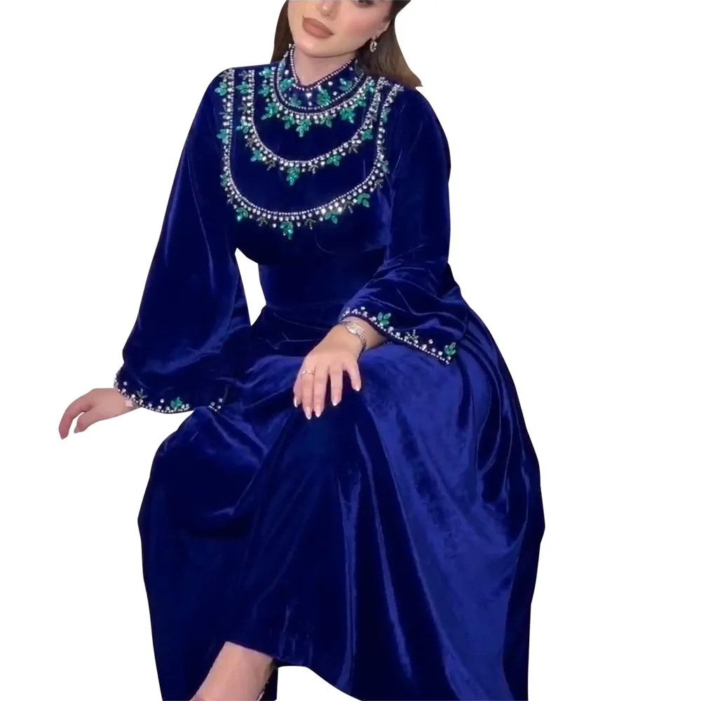 Dubai Abaya Robe with Zipper, Green Water Drop Diamond, Middle Eastern Muslim Islamic Dress, Luxury Fashion, Saudi Arabian