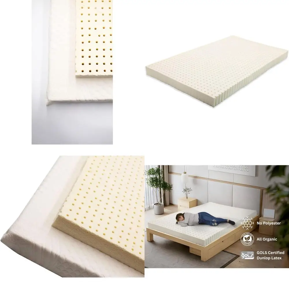 3 Queen Organic Latex Mattress Topper with Cotton Cover - USA Made, GOLS Certified, Back Support, Hypoallergenic, Cooling, Breat